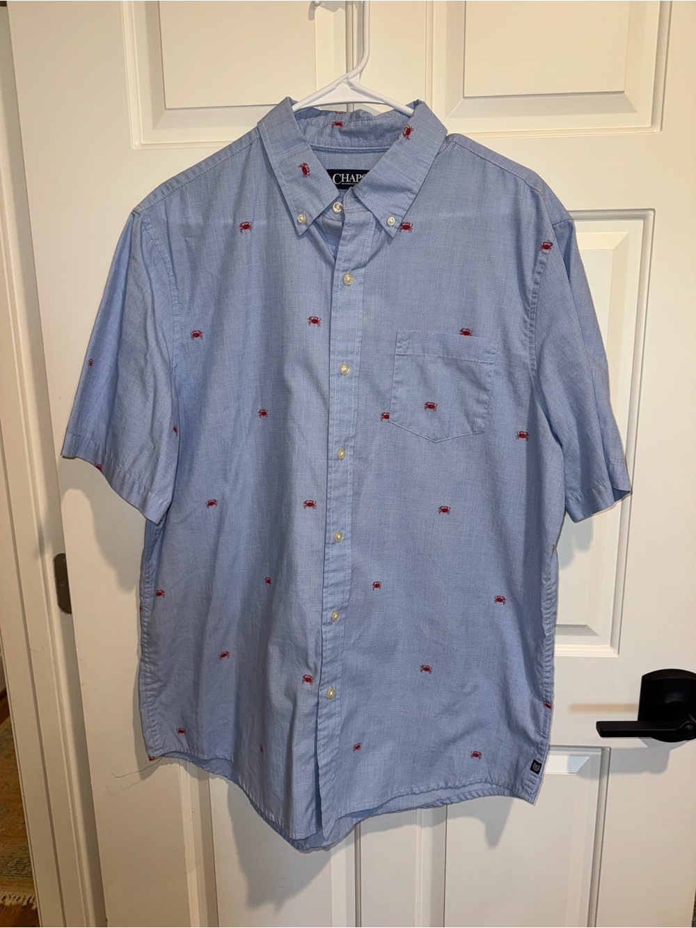 Chaps Men’s Light Blue Red Crab Short-Sleeve Button-Down Shirt Large Easy Care